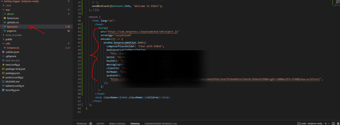 Paste the snippet in the layout.tsx with Script Component